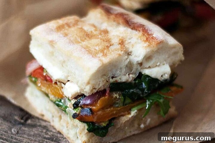 pressed roasted vegetable sandwiches on paper