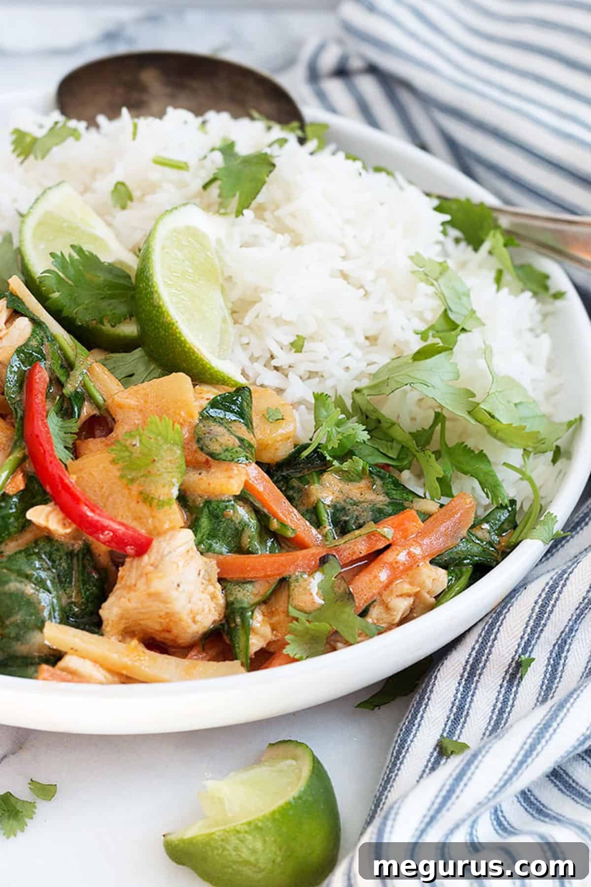 Thai red curry chicken in white bowl