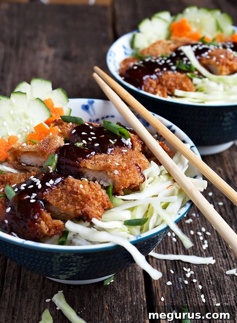 Close-up of a Pork Tonkatsu Bowl with beautifully arranged ingredients.