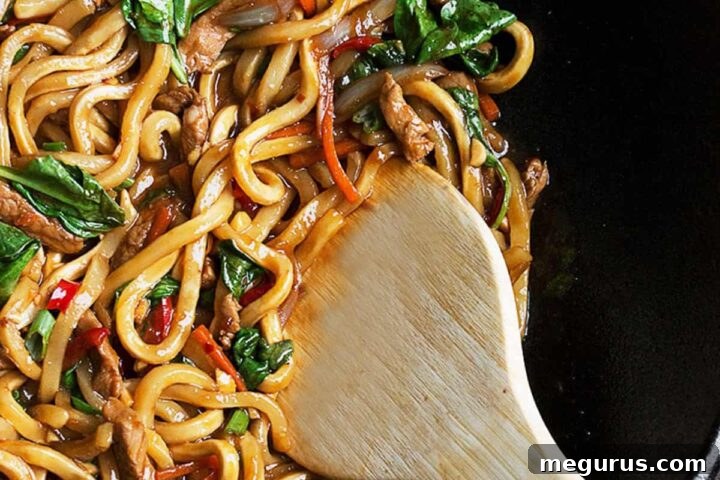spicy pork udon in cast iron wok