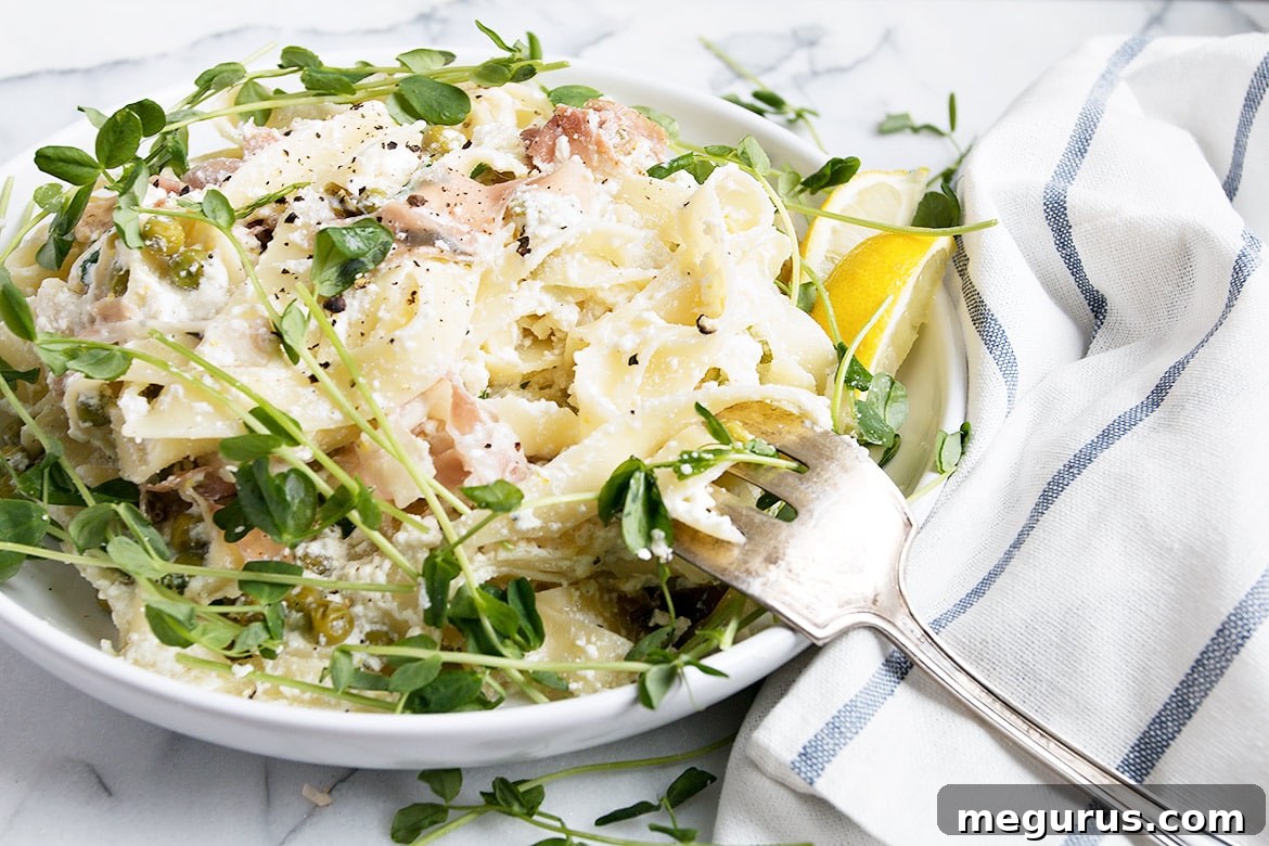 Lemon Ricotta Pasta with Prosciutto and Pea Shoots - overhead shot of a single serving in a bowl