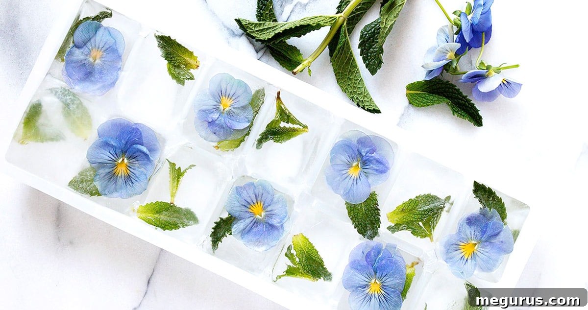 Vibrant pansy edible flower ice cubes beautifully arranged in an ice cube tray, ready to add a decorative touch to any beverage.