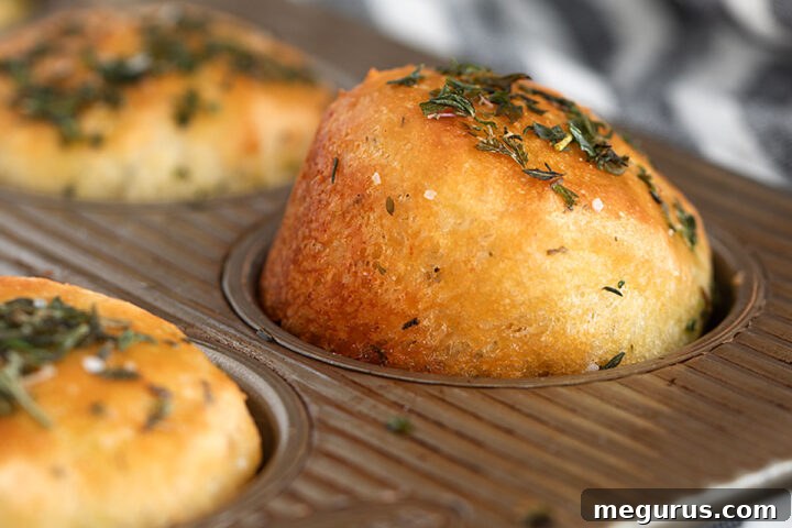 Herb focaccia muffins in muffin tin.