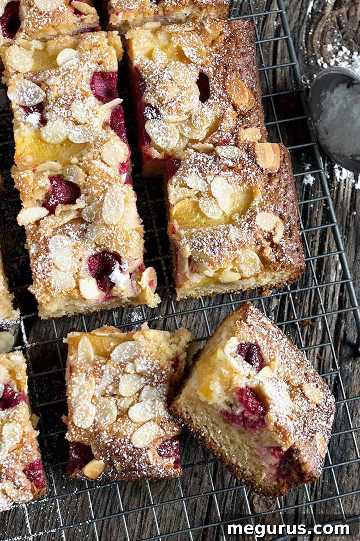 Close-up of a Peach Raspberry Almond Cake slice