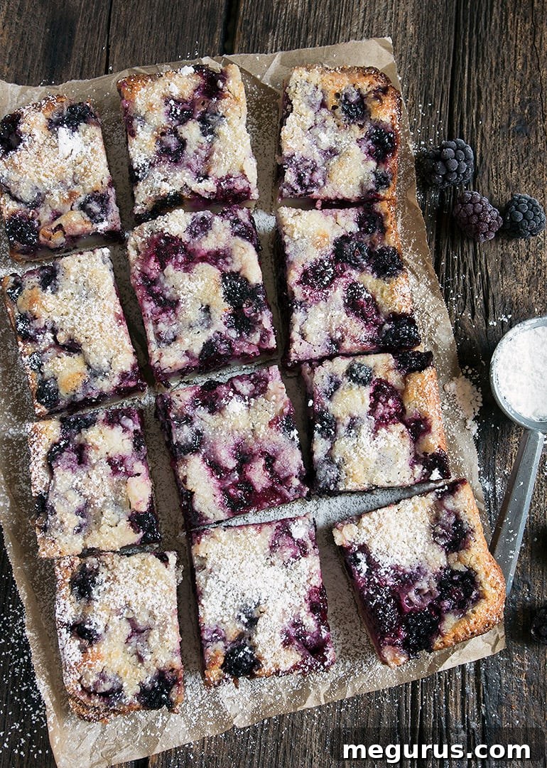 Individual Blackberry Crumb Squares on a cooling rack, garnished with powdered sugar.