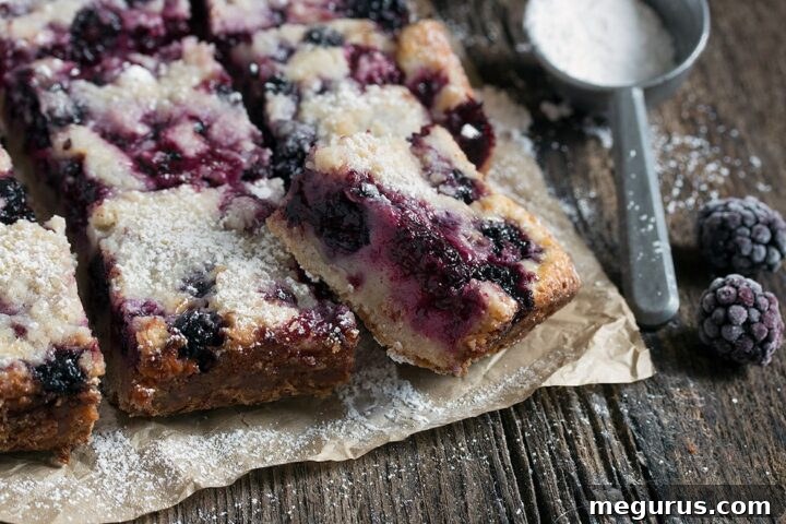 Blackberry Crumb Squares in a baking pan, ready to be cut.