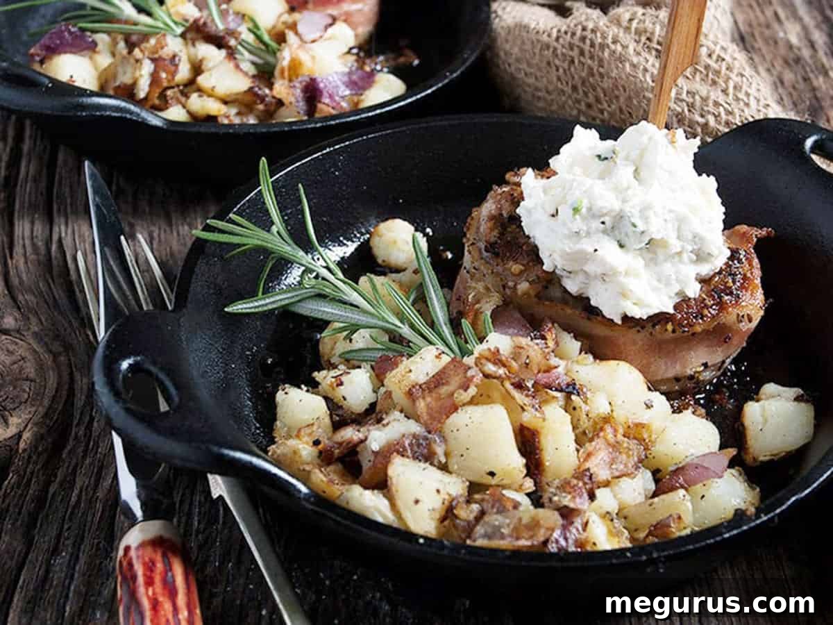 Bacon wrapped pork medallions in a small skillet, ready to be served, showcasing crispy bacon and perfectly cooked pork