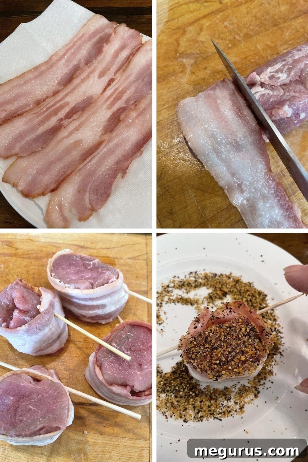 Photo collage showing the initial steps to prepare bacon-wrapped pork medallions: trimming pork, slicing, wrapping with bacon, and seasoning with steak spice.