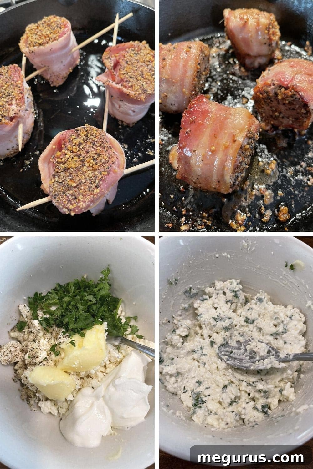 Photo collage showing the cooking steps for bacon-wrapped pork medallions: placing seasoned medallions in a skillet and baking in the oven.