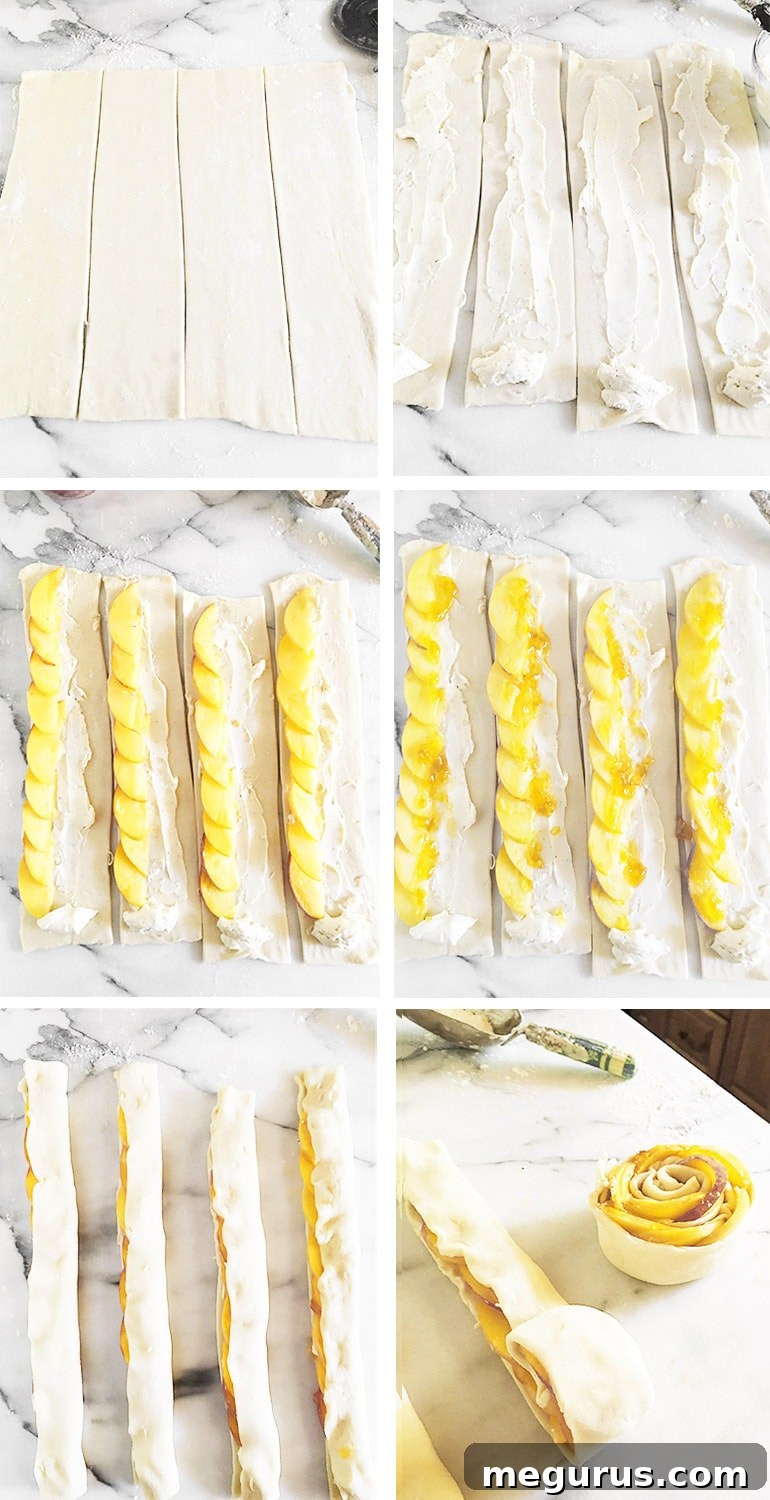 Step-by-step photos illustrating how to shape peach pastry roses