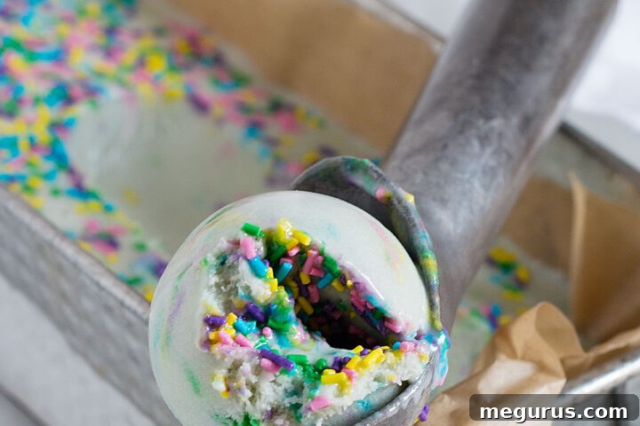 Scoop of Birthday Cake Gelato on a cone