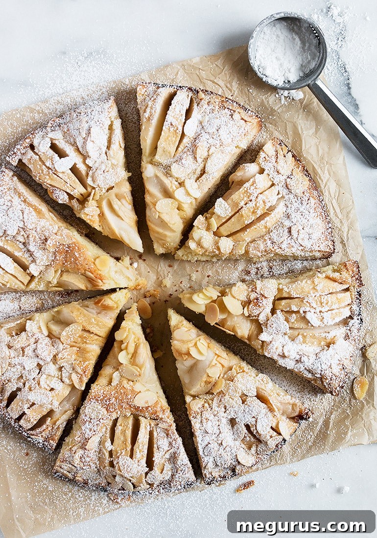 Closeup of Apple Almond Cake, showing moist texture and topping