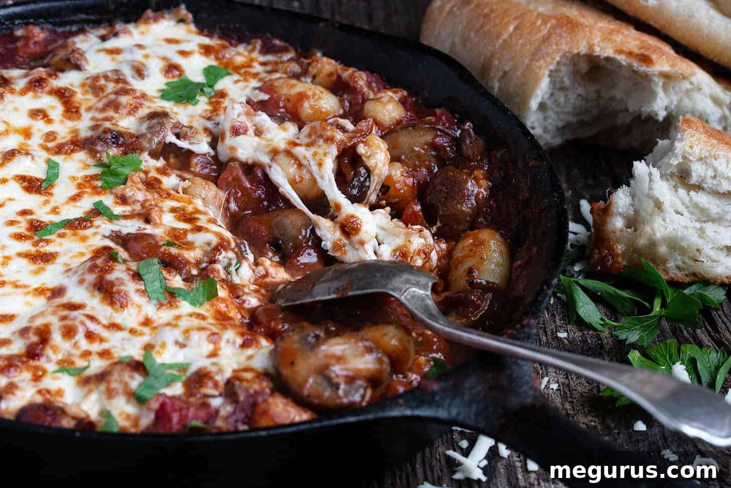 mushroom tomato gnocchi in cast iron skillet