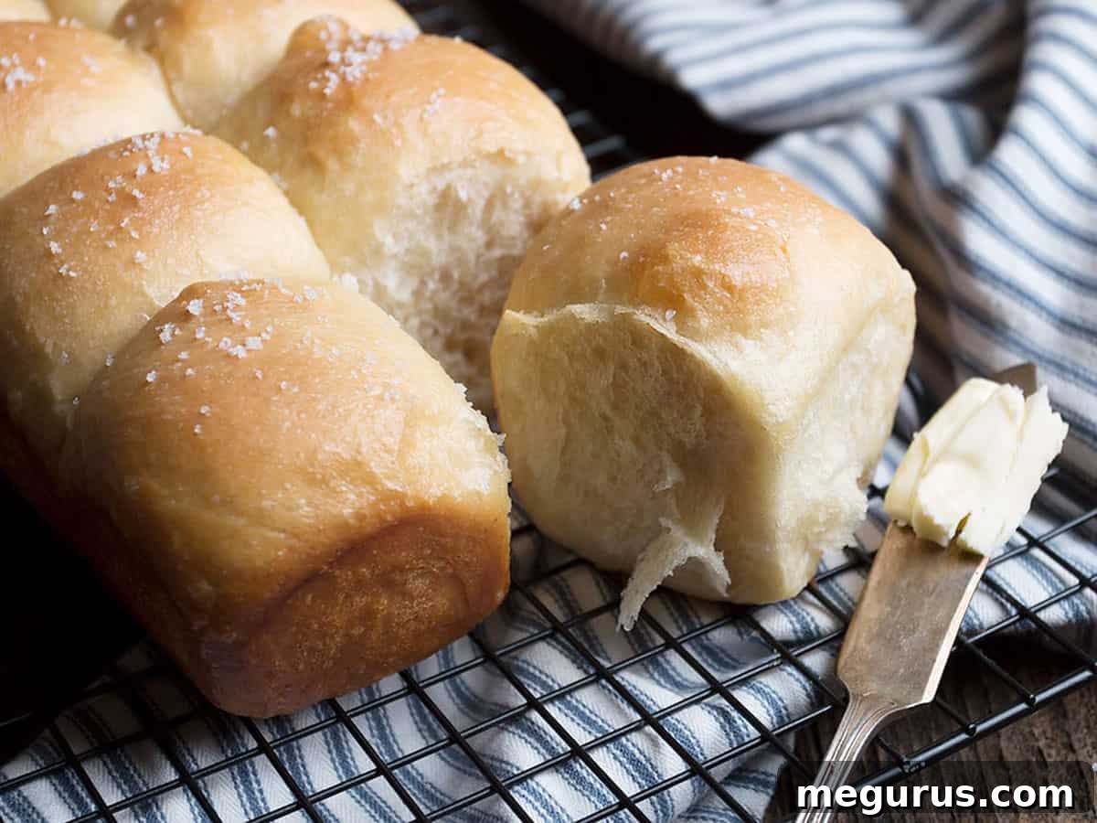 Colicchio's golden brown dinner rolls on a wire cooling rack, ready to be served.