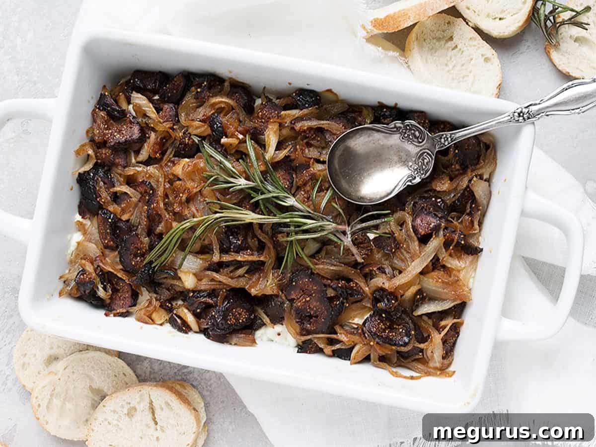 Warm Goat Cheese Fig Dip in a white dish, topped with caramelized onions and mission figs, with a serving spoon