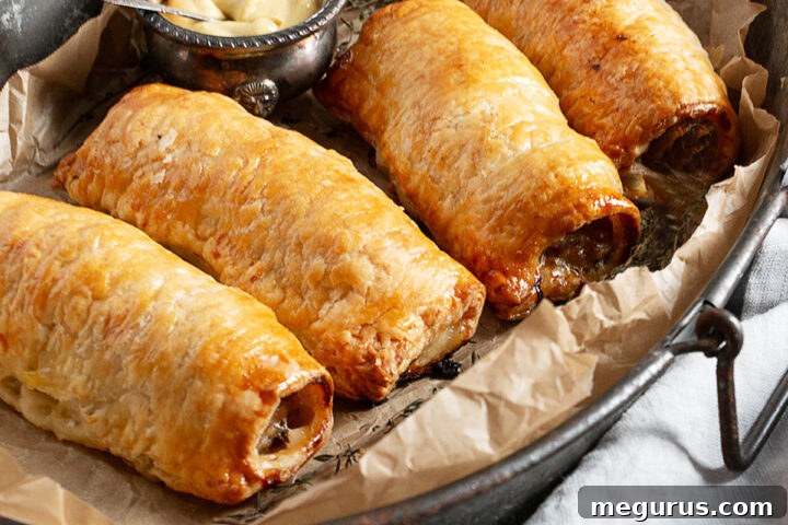 A close-up of baked puff pastry sausage rolls, showcasing their golden crust and savory filling.