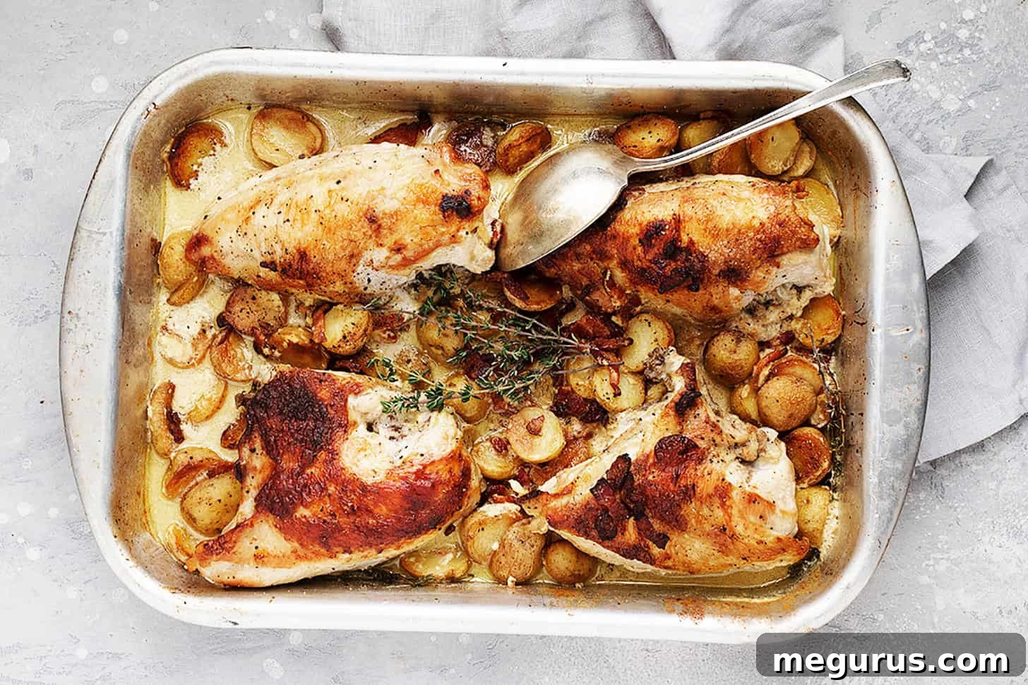 Honey Mustard Chicken in a Baking Dish with Crispy Potatoes and Bacon