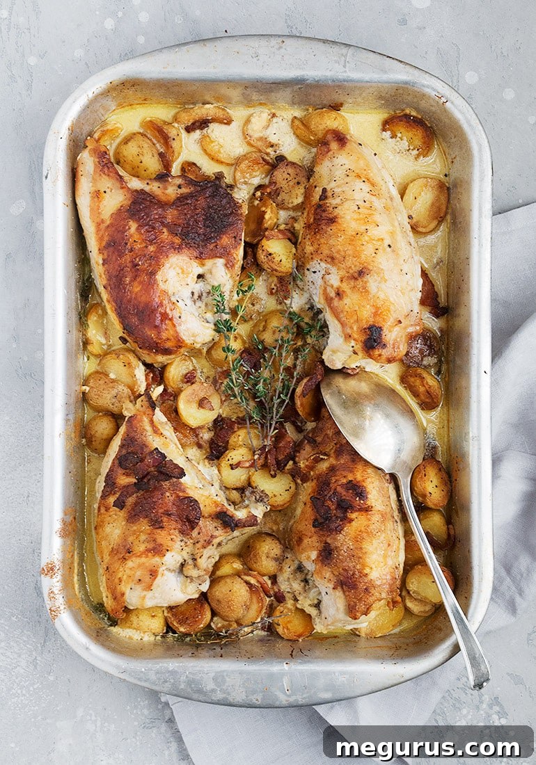 Honey Mustard Chicken with Potatoes and Bacon served in a skillet