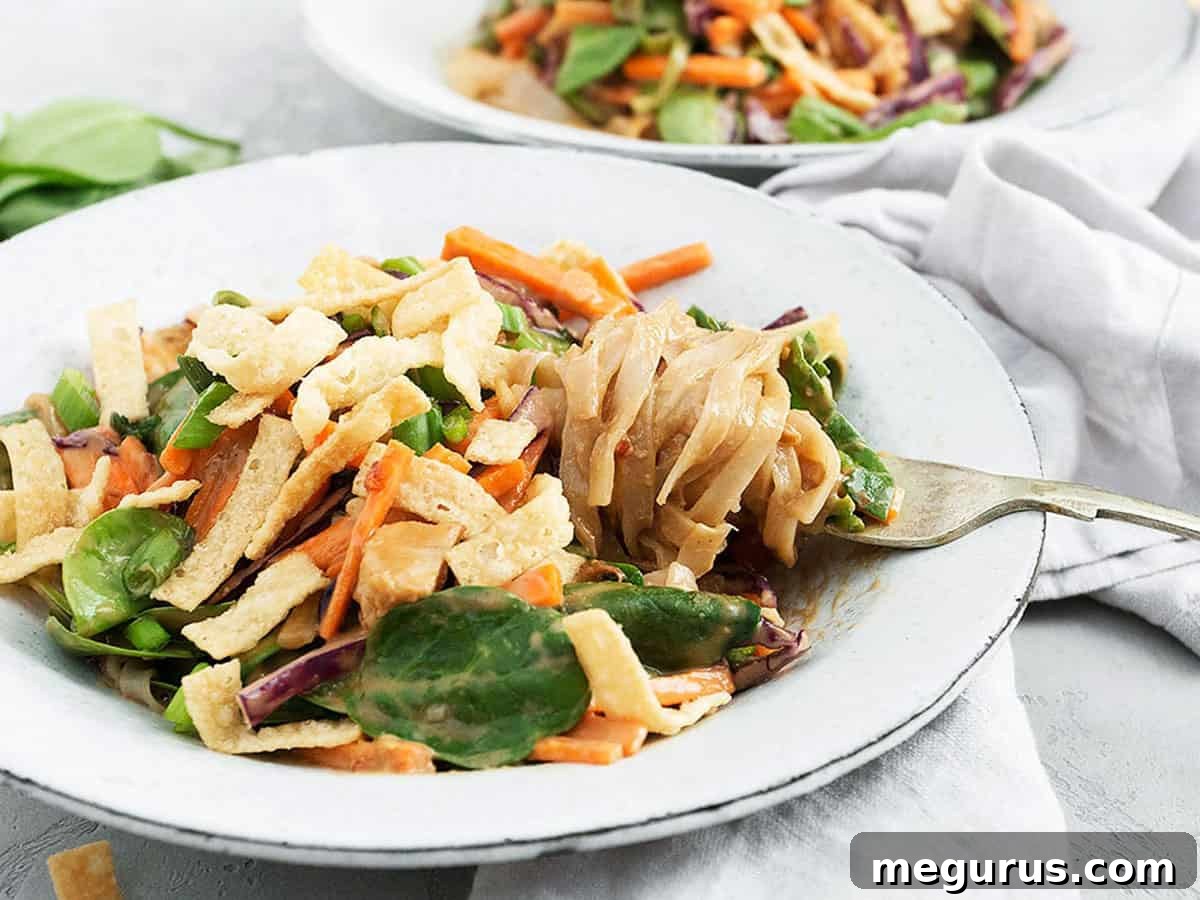 A vibrant Chicken Buddha Bowl in a white bowl, ready to be enjoyed with a fork. It features rice noodles, colorful vegetables, and chicken, all coated in a rich peanut sauce.