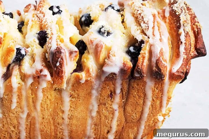 Lemon Blueberry Pull Apart Bread from above, displaying its delicious texture