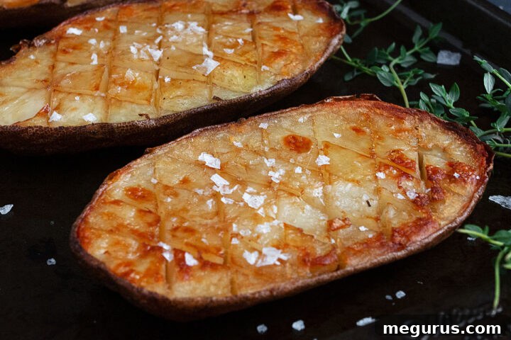 Crispy salt and malt vinegar roasted potatoes on a serving platter, garnished with fresh herbs.