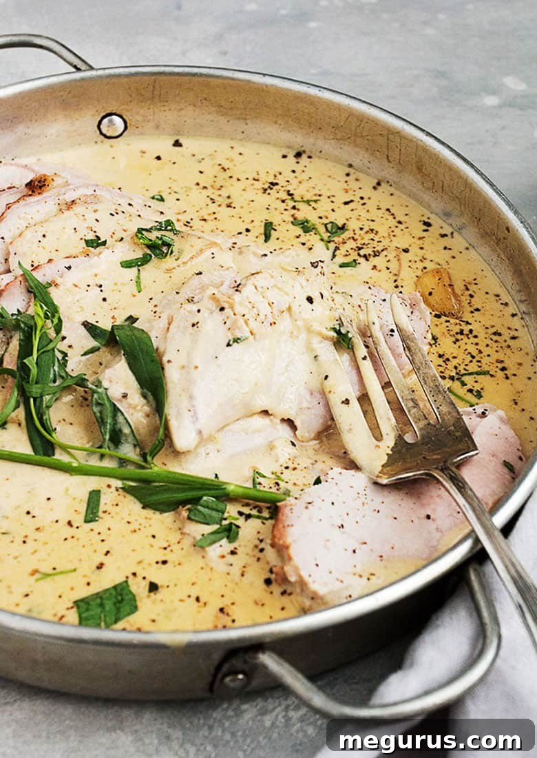 Close-up of tarragon pork loin slices in creamy mustard sauce