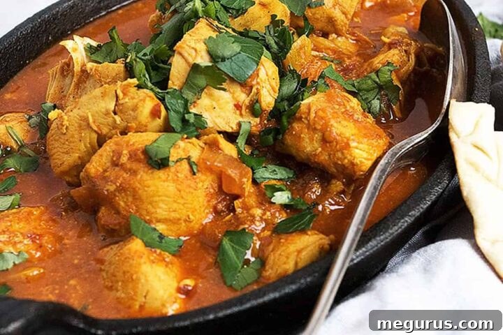 Easy Chicken Vindaloo Recipe, served in a traditional Indian pot with cilantro