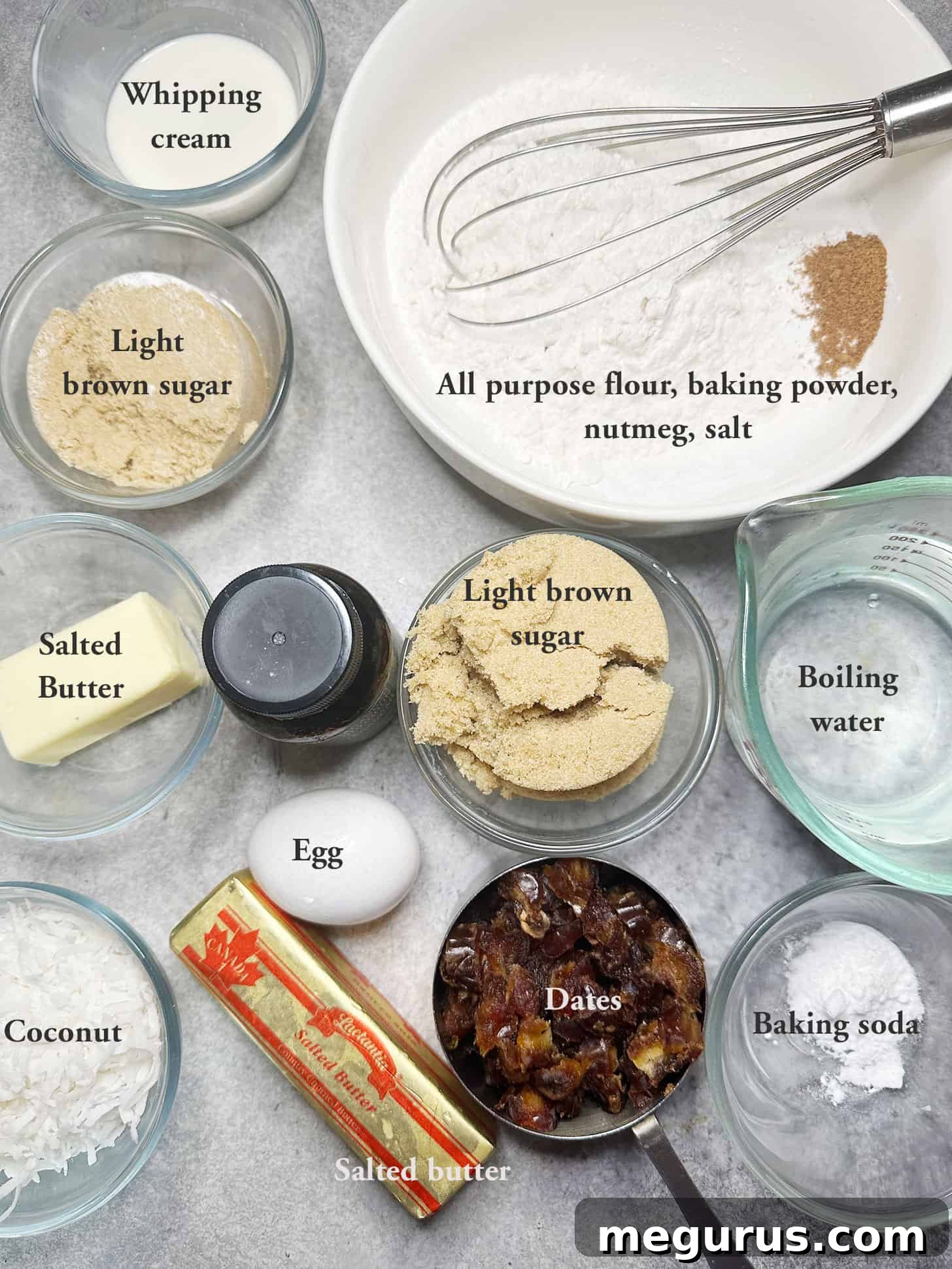 Ingredients laid out for making Queen Elizabeth Cake, including dates, butter, sugar, flour, and coconut
