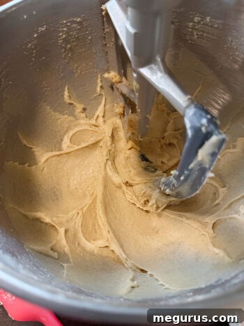 The fully mixed, smooth cake batter before adding dry ingredients