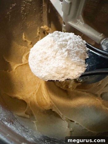 Adding a portion of the whisked dry ingredients to the wet batter