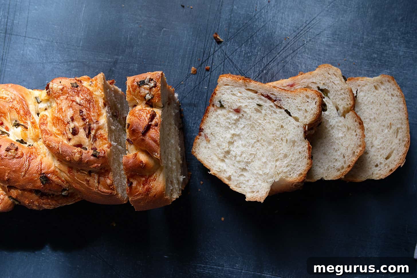 Sliced Loaded Baked Potato Bread revealing savory fillings