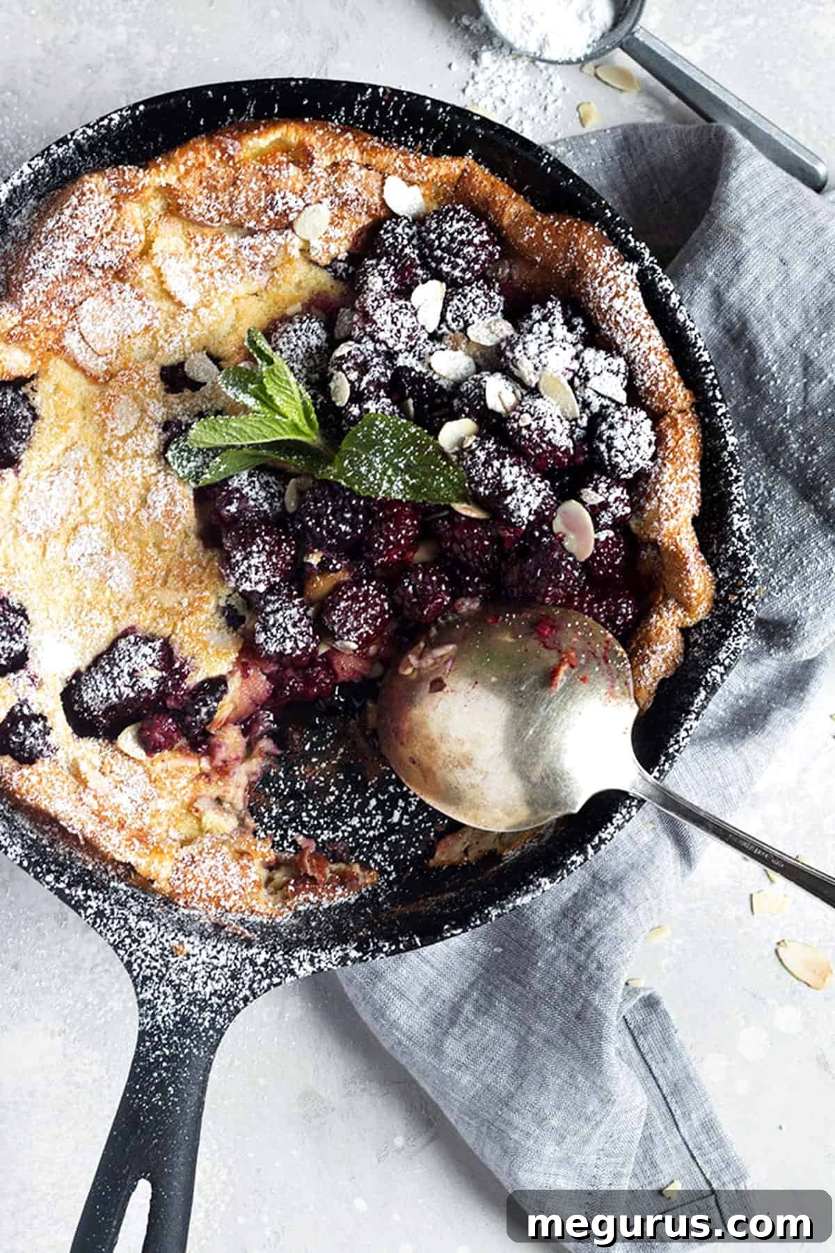 Close-up of a Blackberry Dutch Baby pancake in a cast iron skillet, showcasing its golden crust, soft interior, and juicy roasted blackberries.