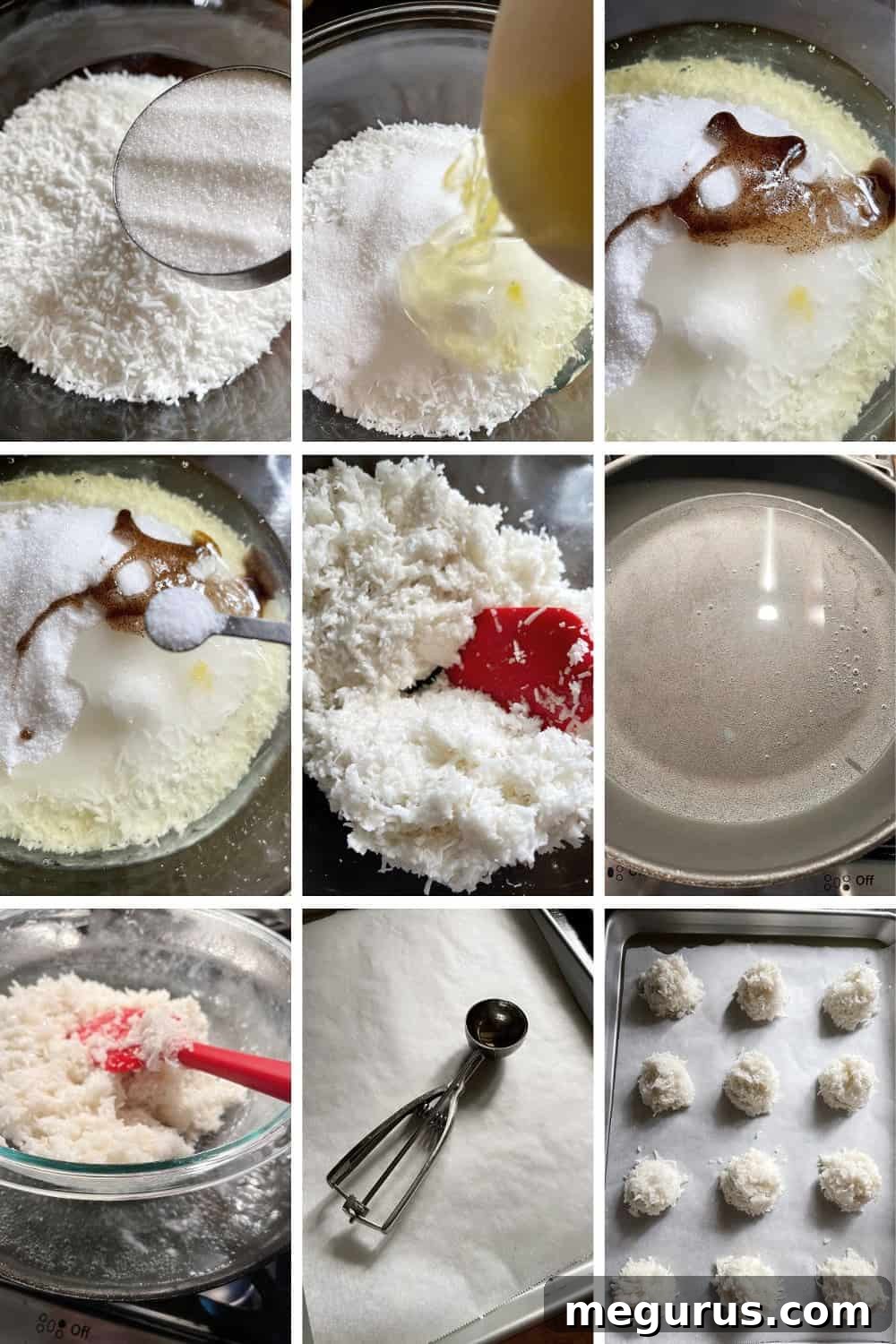 Photo collage depicting the preparation steps for coconut macaroons, including mixing ingredients and scooping them onto a baking sheet