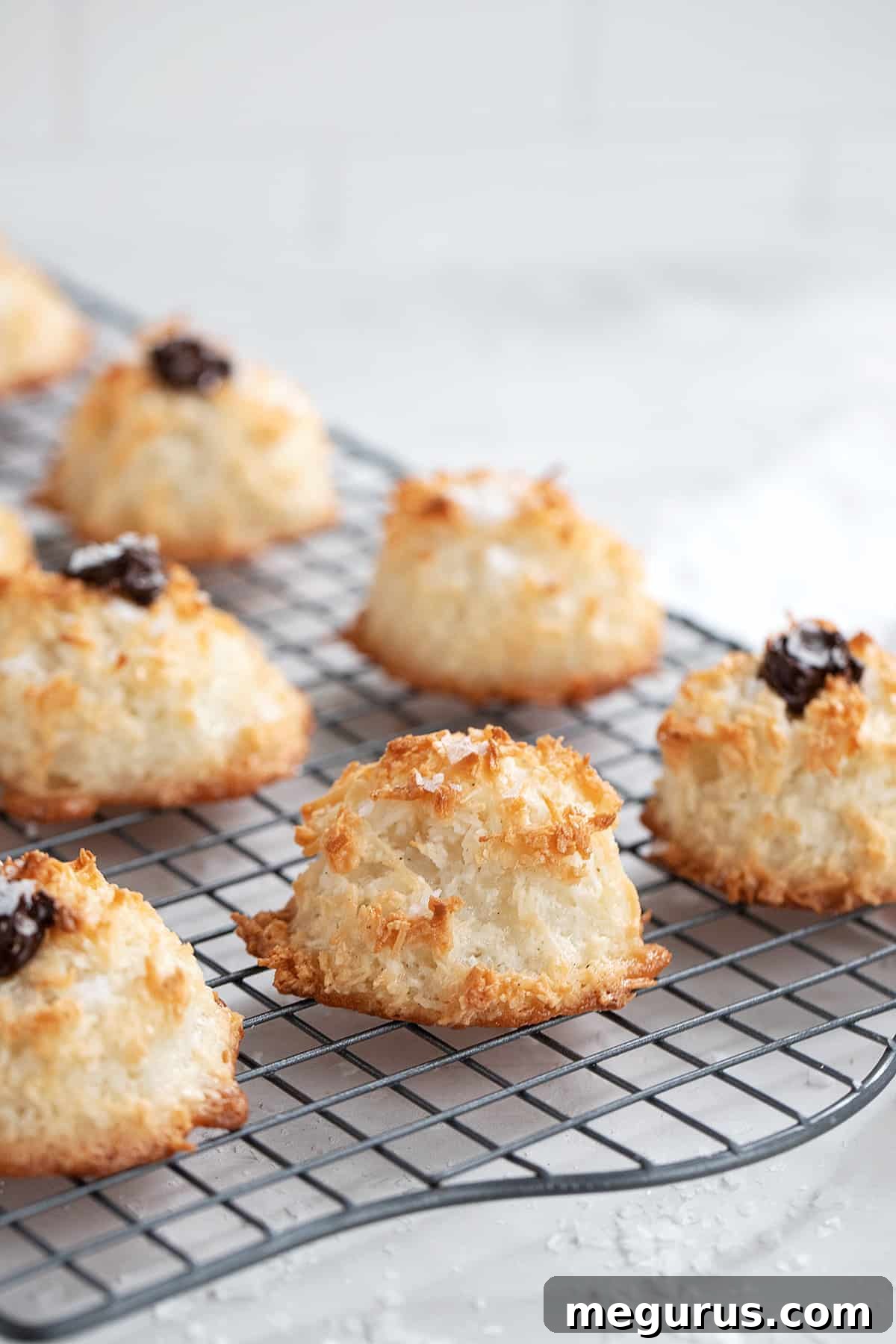Freshly baked coconut macaroons with perfectly golden-brown edges cooling on a metallic rack