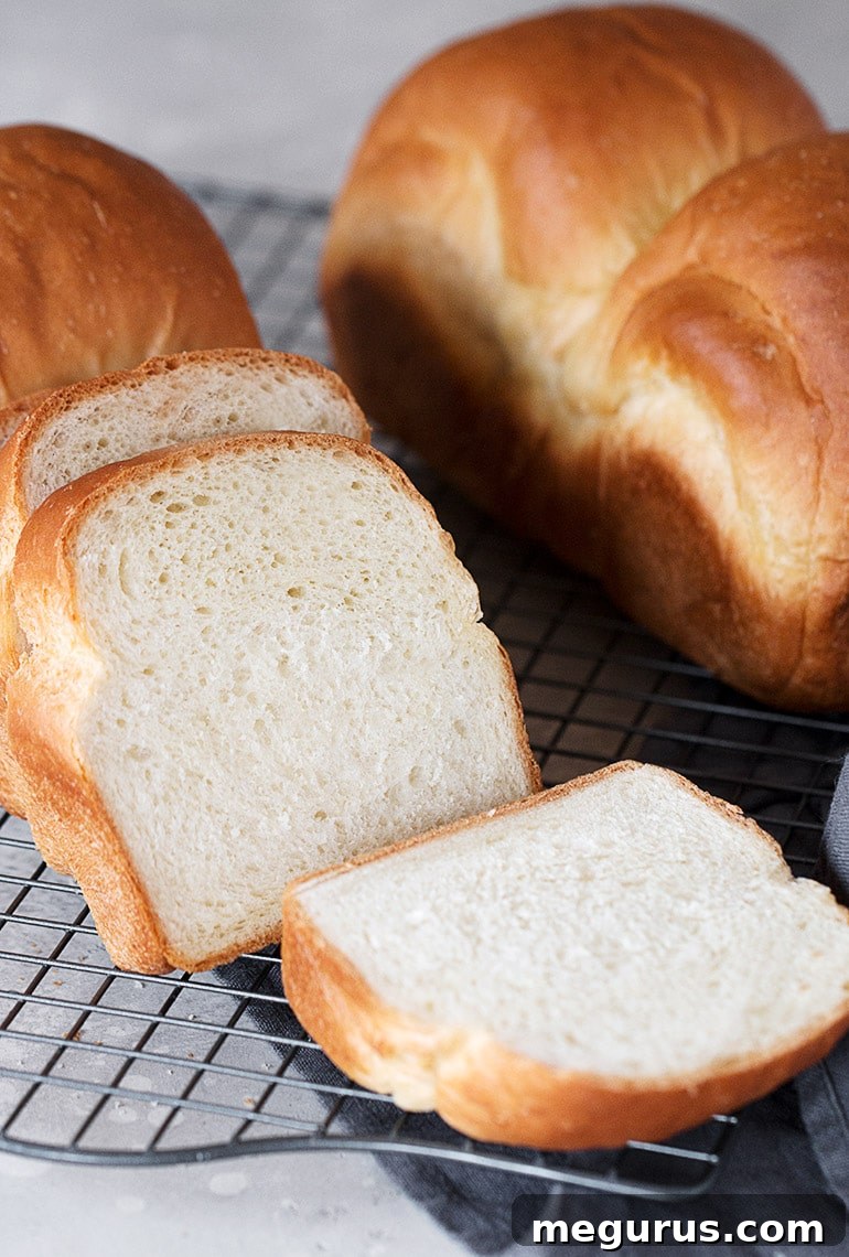 A freshly baked Shokupan loaf cooling on a wire rack, highlighting its golden crust and perfect rise.