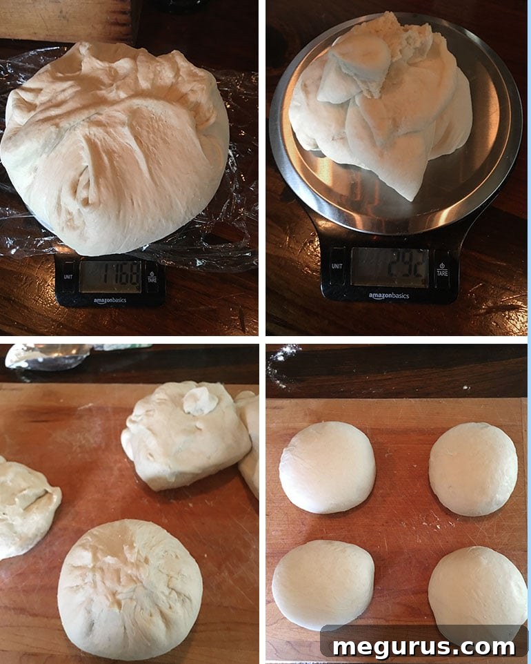 Step-by-step photos demonstrating the initial stages of shaping Shokupan dough, including weighing and forming balls.