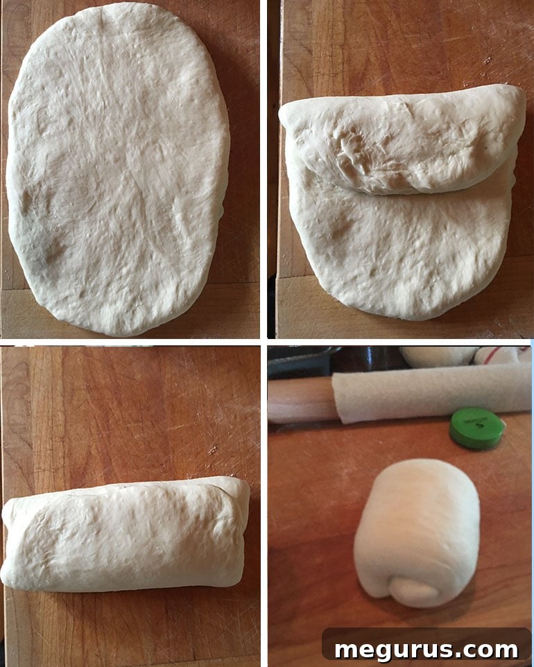 Step-by-step photos demonstrating the middle stages of shaping Shokupan dough, including rolling out and folding.