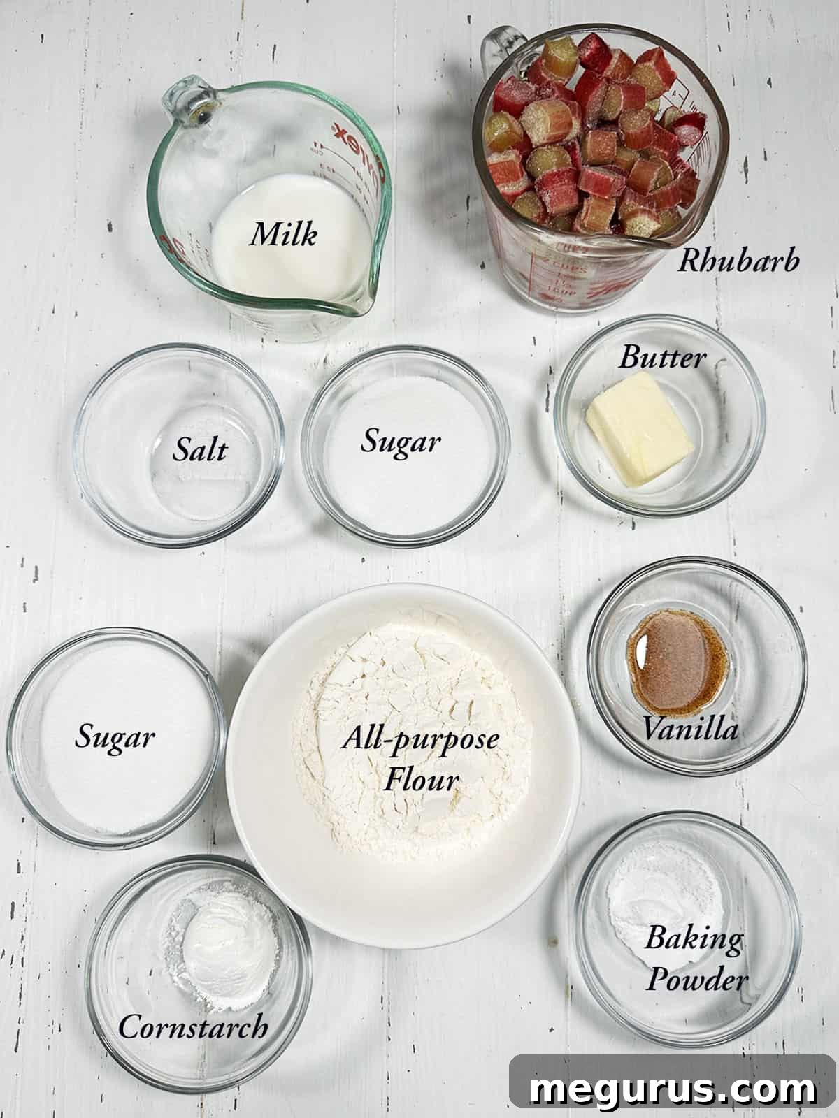 Ingredients for making rhubarb pudding cake.