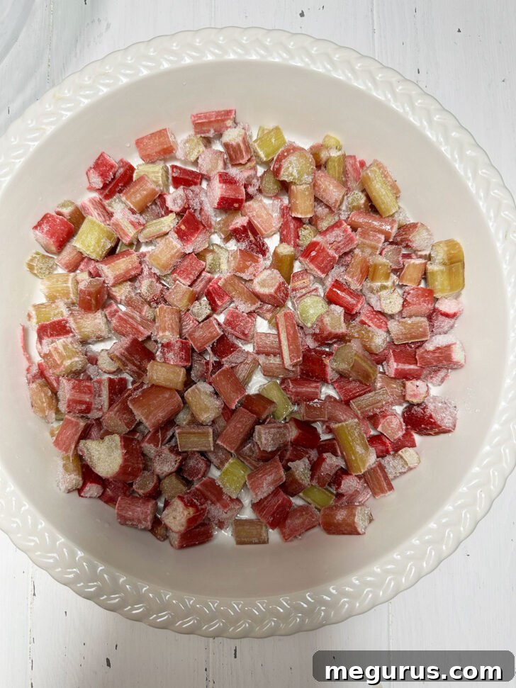 Frozen rhubarb in baking dish.