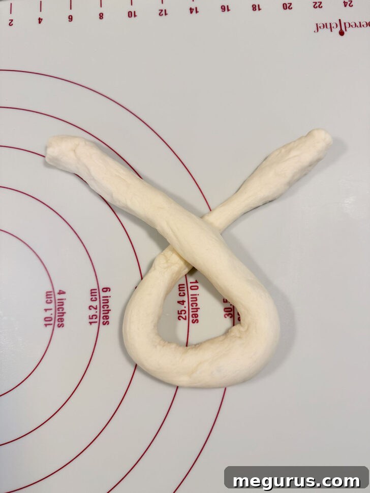 The two ends of the dough rope crossed over each other, creating an 'X' in the center.