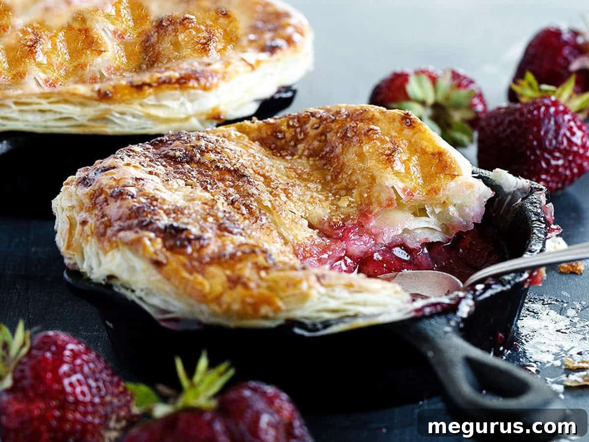 Lush strawberry pot pie in a small cast iron skillet, ready to be served.