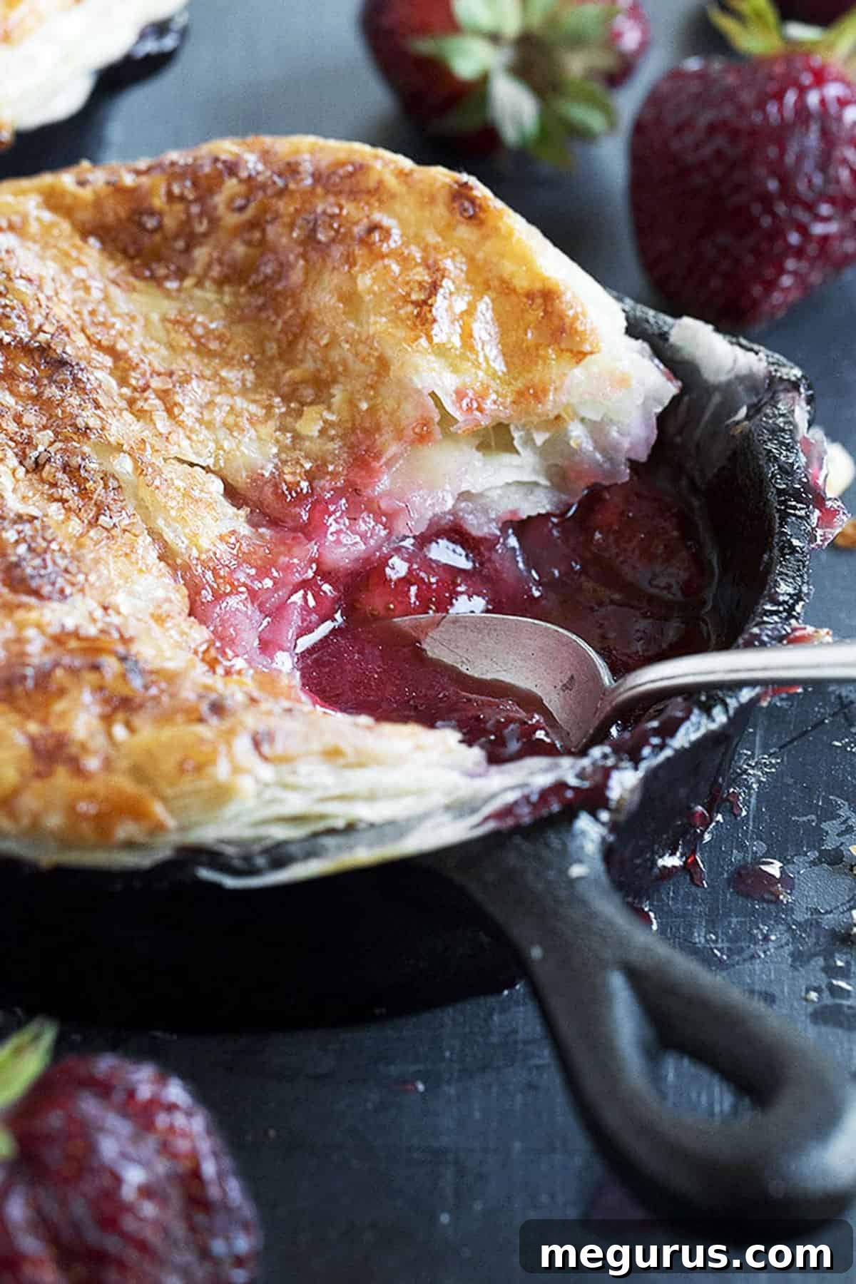 Two small cast iron skillets filled with strawberry pot pie, glistening with baked goodness.