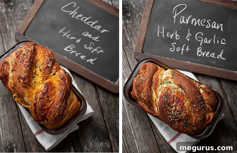 A collage showing two loaves of homemade cheese bread: one with visible yellow cheddar cheese and another with a parmesan herb topping.
