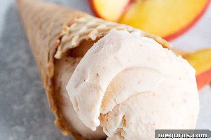 Scoops of homemade peach ice cream in a cone, reflecting natural peach color.