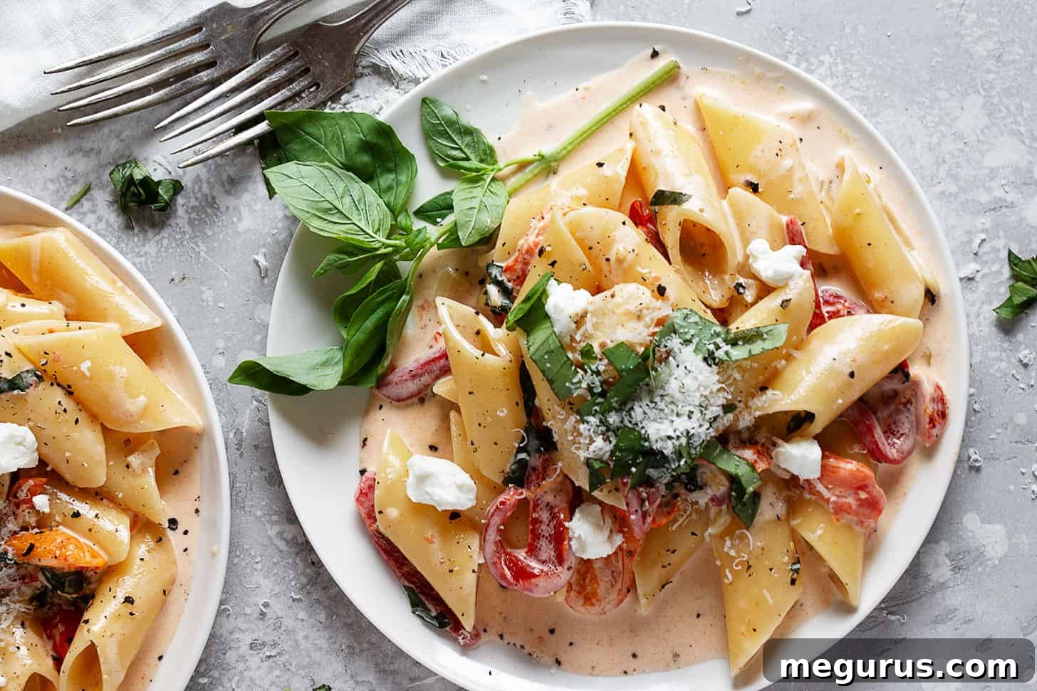 A vibrant plate of creamy cherry tomato and red pepper pasta, garnished with fresh basil, viewed from overhead.