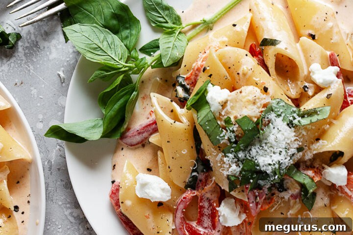 A beautifully plated creamy cherry tomato and red pepper pasta, ready to be enjoyed.