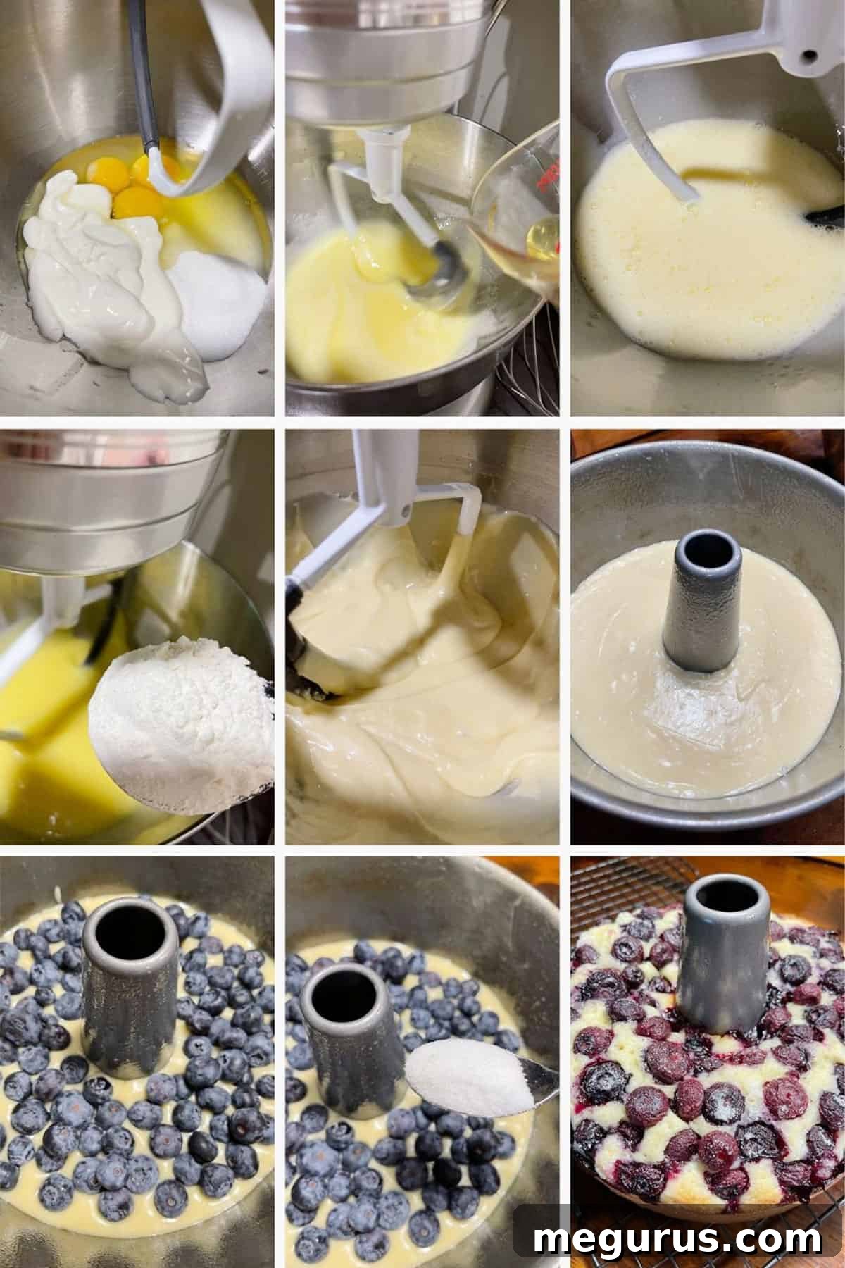 Photo collage showing the five key steps to baking a delicious blueberry sour cream cake