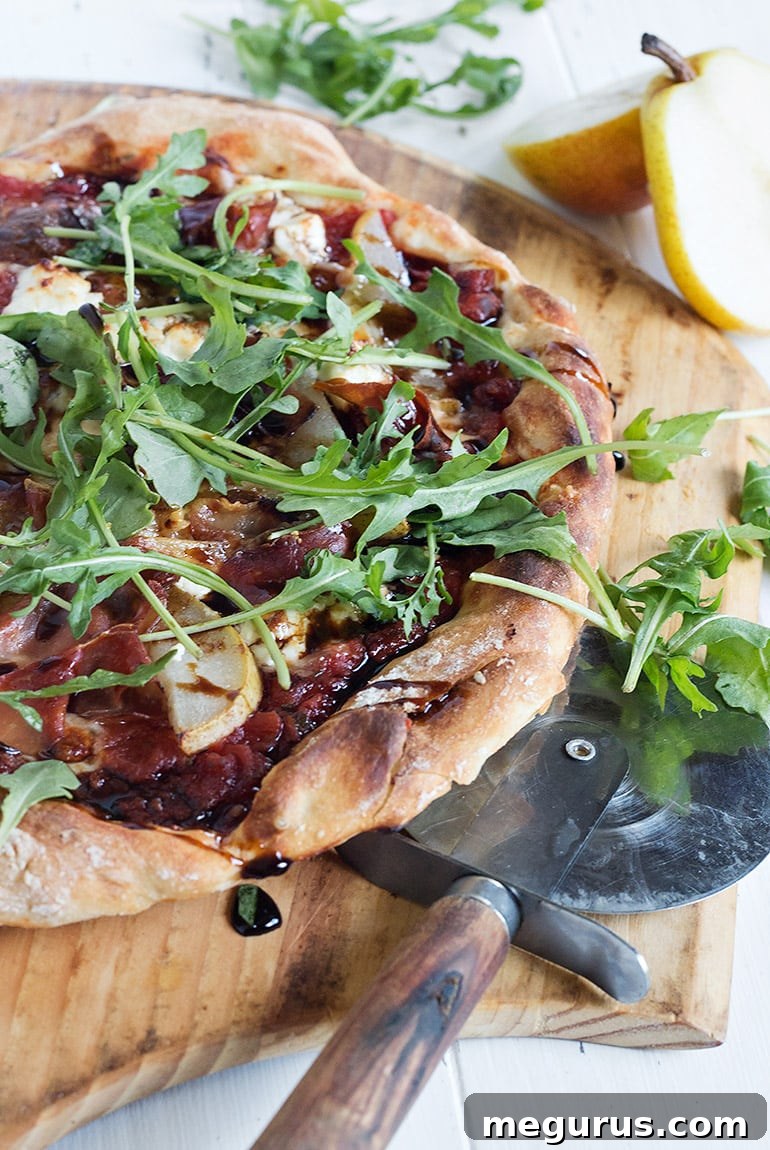 Another view of the delicious pear prosciutto pizza, freshly baked.