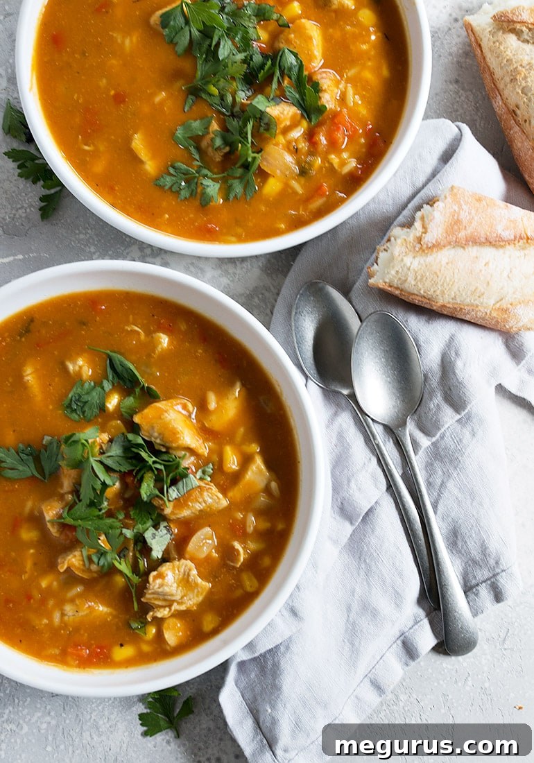 Close-up of hearty pumpkin chicken and rice soup in white bowls, garnished with fresh herbs