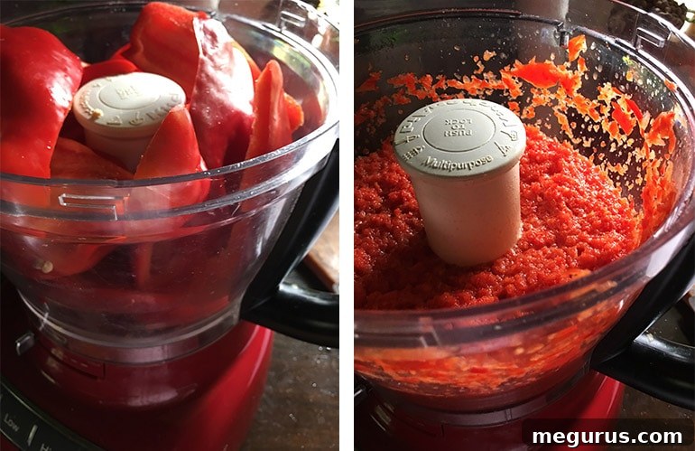 Red bell peppers arranged in a food processor before processing, and then finely pureed after chopping.